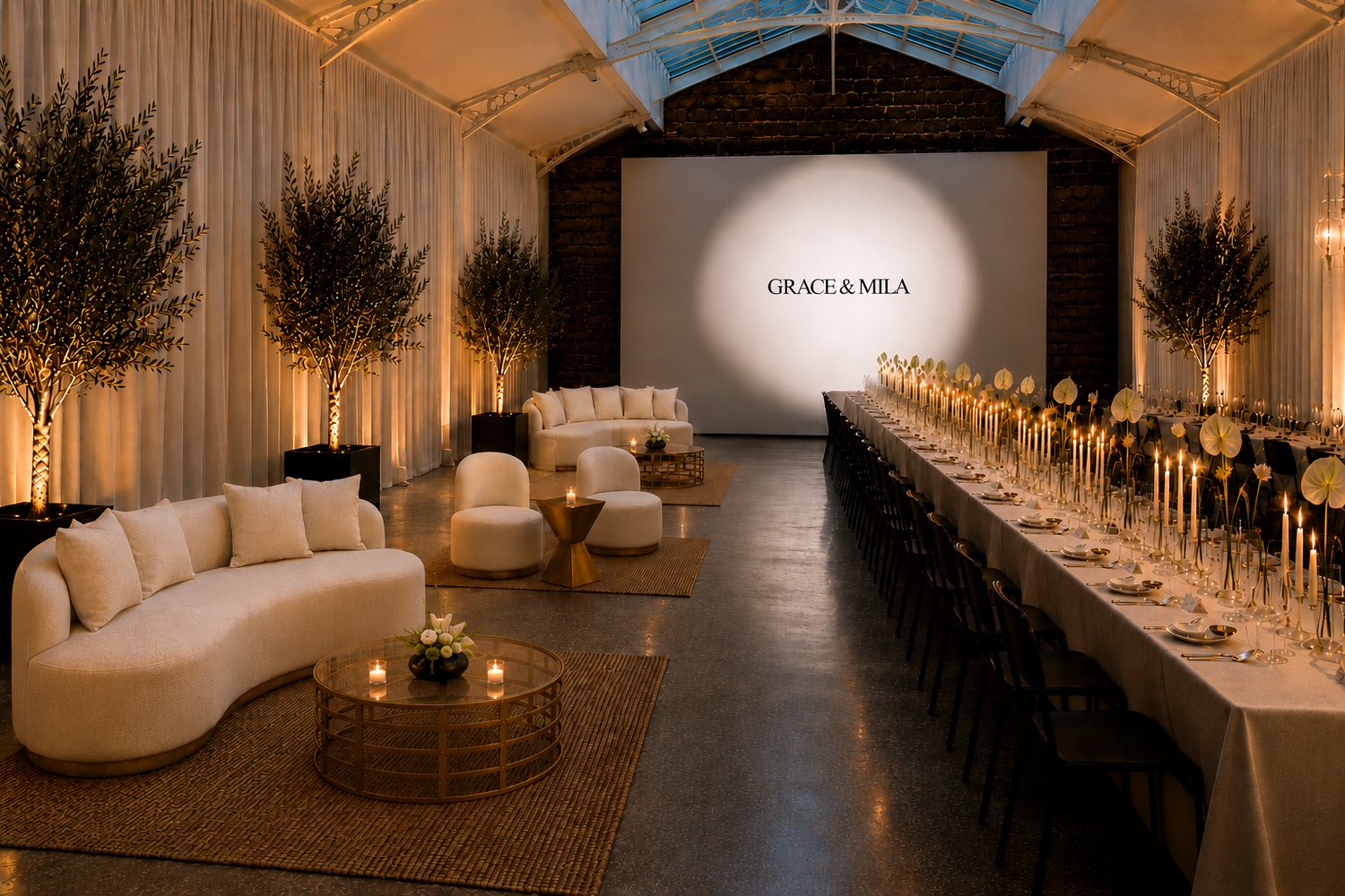 A Brushed Gold lounge styled for an intimate dinner event