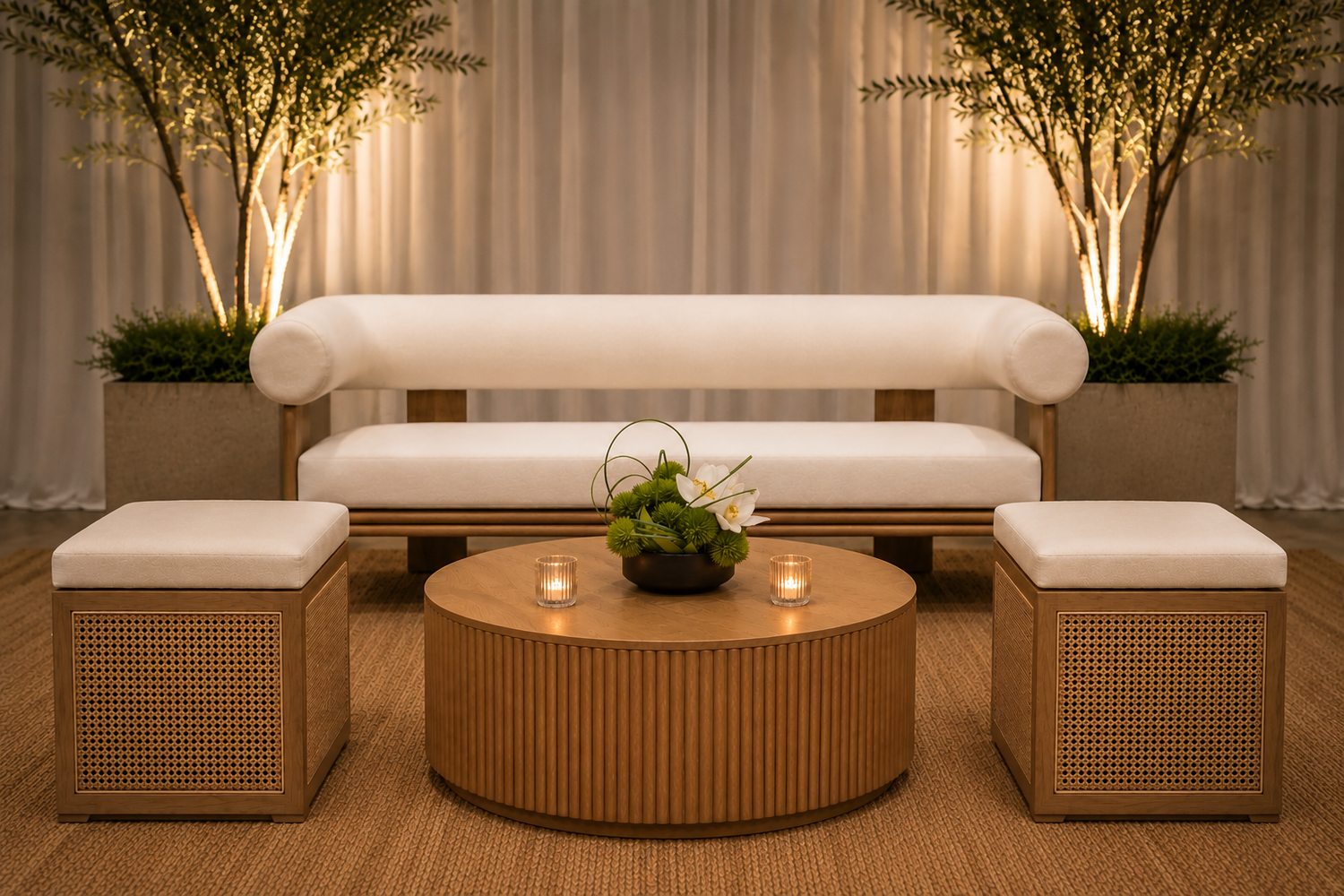 An Oak & Cane lounge setup in warm evening light